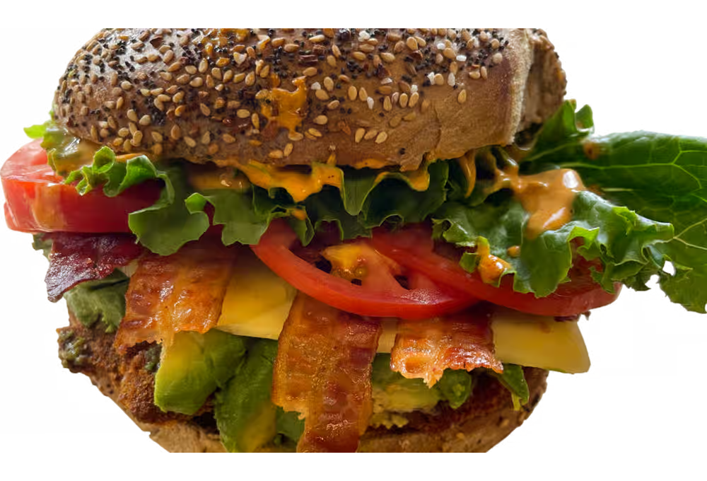 California BLT bagel with breaded chicken cutlet, lettuce, tomato, avocado, Swiss and crispy bacon