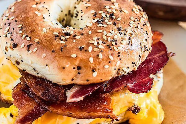 Bacon, egg and cheese on an everything bagel